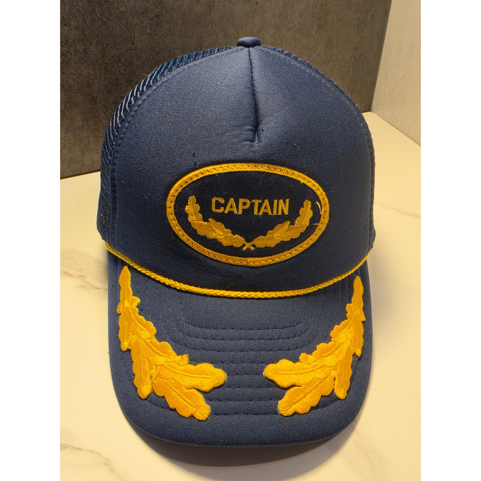 Nissin Cap Captain Navy Blue Trucker Hat Gold Snapback Mesh Gold Leaf